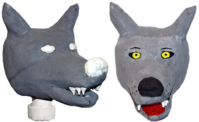 Тонированная заготовка головы куклы-перчатки Волка с приклеенными деталями - глазками, носом и зубами; раскрашенная голова Волка