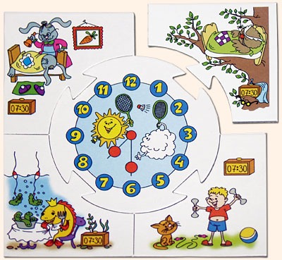 Настольные игры Олеси Емельяновой. Каталог. Учись, играя: Время. Детский дидактический набор пазлов - для малышей от 4 до 7 лет. Карточка